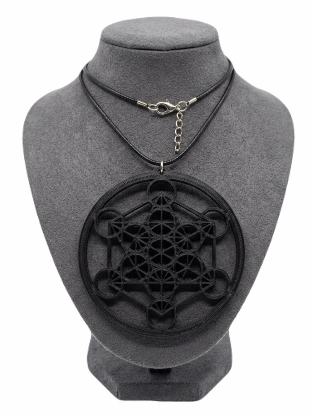 Handmade New 3D Printed Black Metatron Cube Sterling Silver Leather Necklace